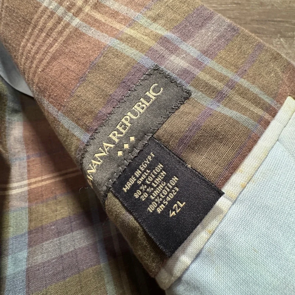 Banana Republic Sport Coat Men 42L Brown Plaid Cotton Linen Unconstructed Blazer